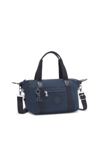 Navy blue handbag made of nylon with a rounded shape, black fabric handles, zippered pockets, and a keychain accessory.