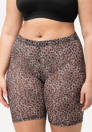 Transparante fietsbroek met luipaardprint, met een aansluitend ontwerp, voorzien van een elastische tailleband en een combinatie van bruine en zwarte patronen.