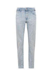 Hellblaue Slim-Fit-Jeans mit vorderen Taschen, Gürtelschlaufen und Knopfverschluss, dargestellt vor einem weißen Hintergrund.