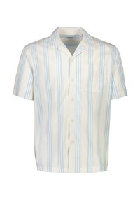 Kurzärmeliges Hemd in hellem Creme mit vertikalen blauen Streifen, ausgestattet mit spitzem Kragen und einer Brusttasche. Knopfleiste vorne.