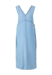 Robe midi bleu clair sans manches avec un profond décolleté en V et des liens sur les côtés, dotée d'une couture cintrée à la taille et d'une jupe droite.