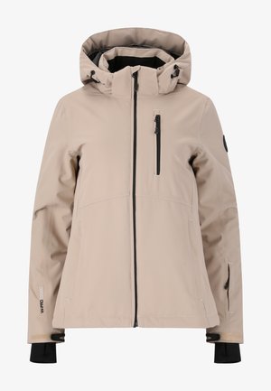 Beige wasserfeste Jacke mit hohem Kragen, verstellbarer Kapuze, Reißverschlusstaschen und schwarzen Akzenten. Hergestellt aus weichem, strapazierfähigem Material.