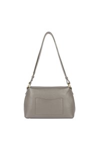 Borsa a tracolla in pelle grigia con una forma strutturata, tasca frontale piatta e una sola tracolla. Presenta dettagli in metallo color oro.