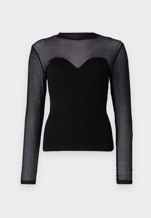 Black long-sleeve top featuring a sheer mesh upper with a sweetheart neckline and scattered silver embellishments on the sleeves.