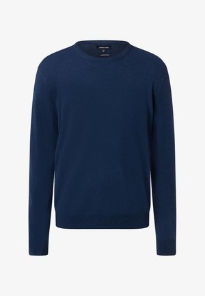 Navy blue crew neck sweater made from a soft, textured fabric. Features long sleeves and ribbed cuffs and hem for a fitted look.