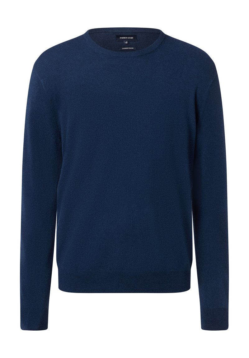Dunkelblauer Rundhalspullover aus einem weichen, strukturierten Stoff. Verfügt über lange Ärmel sowie gerippte Bündchen und Saum für einen taillierten Look.