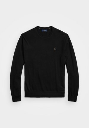 Czarny sweter z długim rękawem i okrągłym dekoltem, z ściągaczami na mankietach i u dołu, z małym haftowanym logo Polo Ralph Lauren na lewej piersi.