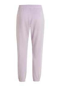 Licht paarse joggingbroek van zacht materiaal, met een elastische tailleband en boorden voor een comfortabele pasvorm. Geen zichtbare zakken.