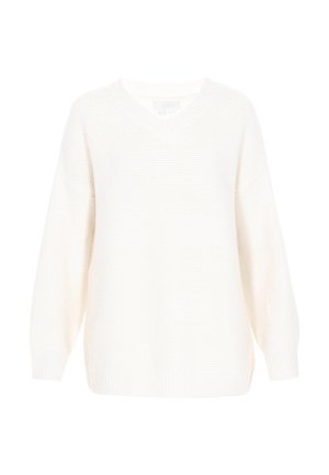 Suéter blanco de punto con escote en V, corte oversize y mangas largas. Presenta puños y dobladillo acanalados con un patrón texturizado en todo el diseño.