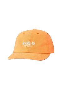 Cappello in cotone arancione con visiera curva, caratterizzato da un logo ricamato bianco e design floreali sulla parte frontale. Cinturino regolabile sul retro.