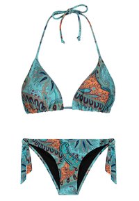 Ensemble de bikini avec une base turquoise décorée de motifs paisley oranges et marins. Haut triangulaire avec liens ; bas avec des liens latéraux réglables.