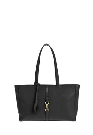Sac fourre-tout en cuir noir avec deux poignées, un thème à pompons à l'avant et des détails de fermoir en métal doré.