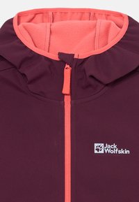 Maroon hooded jacket with a coral fleece lining and contrasting coral zipper. Features a logo in the lower right corner. Soft texture.