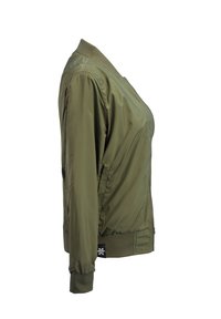 Olive green bomber jacket made of smooth, lightweight material. Features ribbed cuffs, a zip front, and side pockets.