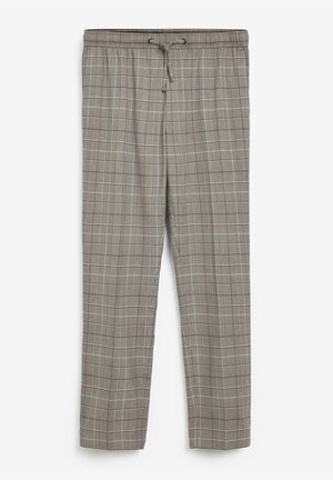 Grey plaid trousers with an elastic waistband and drawstring, straight legs, and subtle red and white check patterns.