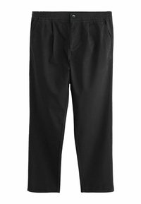 Black straight-leg pants with an elastic waistband, button closure, side pockets, and subtle pleats at the front.