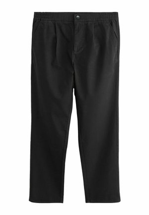 Schwarze gerade geschnittene Hosen mit einem elastischen Bund, Knopfverschluss, seitlichen Taschen und dezenten Falten vorne.