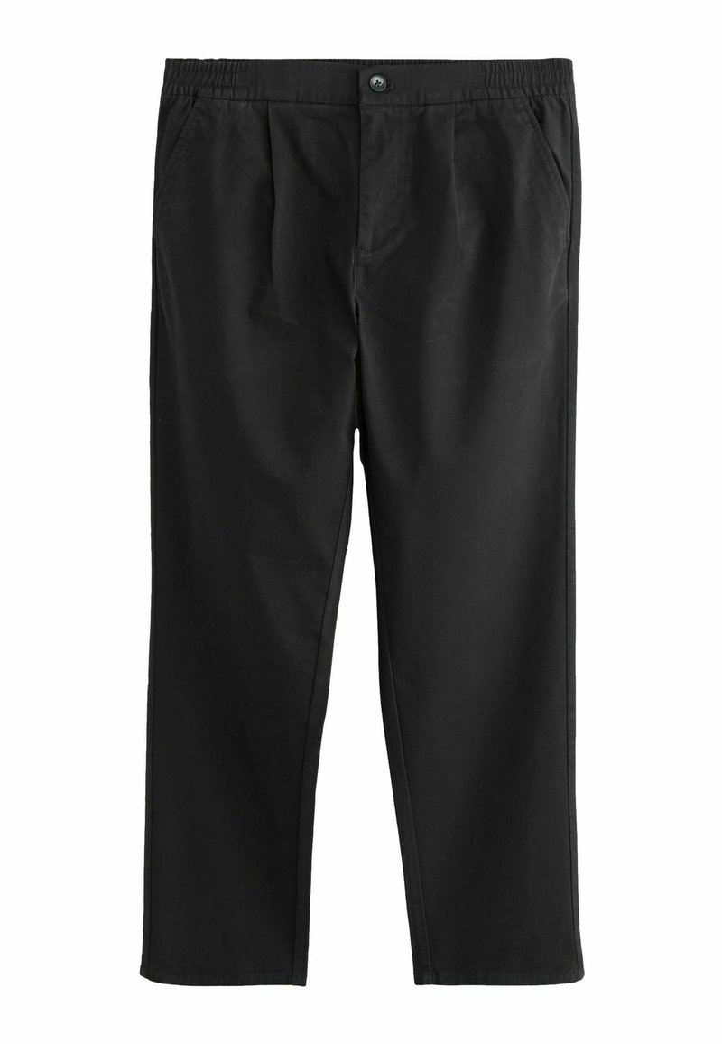 Black straight-leg pants with an elastic waistband, button closure, side pockets, and subtle pleats at the front.