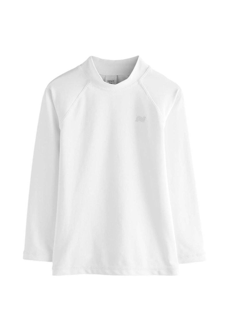 Top bianco a maniche lunghe con collo alto, realizzato in tessuto morbido. Presenta maniche raglan e un piccolo logo tono su tono sul petto.