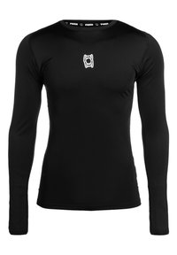 Zwart sportshirt met lange mouwen en een ronde hals, gladde textuur en een klein wit logo aan de voorkant in het midden.