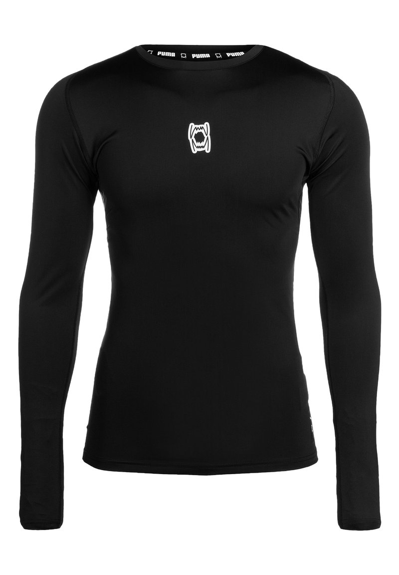 Zwart sportshirt met lange mouwen en een ronde hals, gladde textuur en een klein wit logo aan de voorkant in het midden.