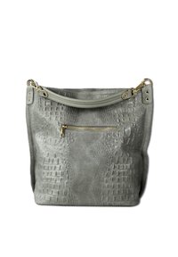 Grijze suède handtas met geperst krokodillenpatroon, voorzien van een handvat bovenop en een ritsvak, aangevuld met accenten van goudkleurige hardware.