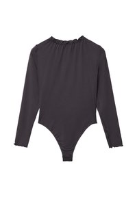 Body a maniche lunghe di colore grigio scuro con scollatura arricciata e bordi scallop. Realizzato in tessuto liscio e elasticizzato con una silhouette aderente.