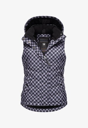 Purple and black patterned sleeveless vest with a hood, featuring quilted texture, front zipper, and snap button details.