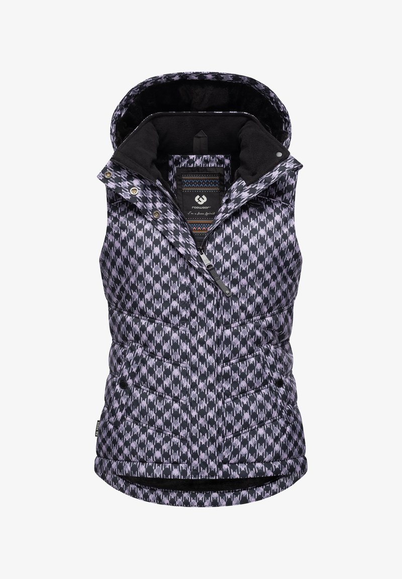 Gilet sans manches à motifs violets et noirs avec capuche, présentant une texture matelassée, une fermeture éclair à l'avant et des détails à boutons-pression.