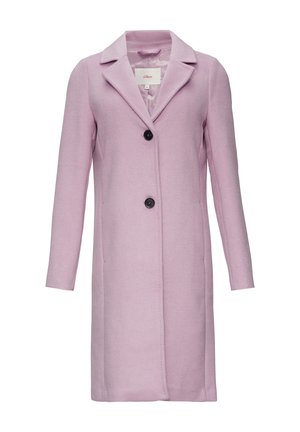 Manteau en mélange de laine rose avec un col cranté, deux poches avant, trois boutons noirs et une silhouette droite. Texture lisse.