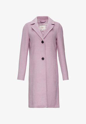Rosa Wollmischung-Mantel mit einem Reverskragen, zwei frontalen Taschen, drei schwarzen Knöpfen und einer geraden Silhouette. Glatte Textur.