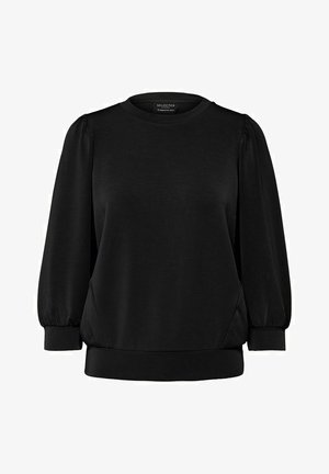 Suéter negro con cuello redondo, mangas abullonadas con frunces y dobladillo de canalé. Fabricado en una suave tela texturizada, adecuado para un look casual.