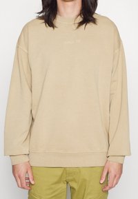 Sudadera de gran tamaño en color beige con cuello y puños acanalados. Presenta un sutil bordado de "REVOLUCIÓN" en el pecho. Tejido suave y casual.