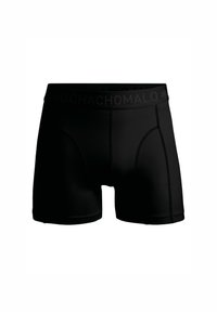 Schwarze Boxershorts aus elastischem Material, mit einem breiten, bedruckten Bund und kontrastierenden Nähten entlang der Nähte.