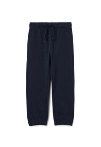 Marineblaue Kinder-Sweatpants mit elastischem Bund, Kordelzug und elastischen Bündchen, flach auf einem weißen Hintergrund ausgelegt.