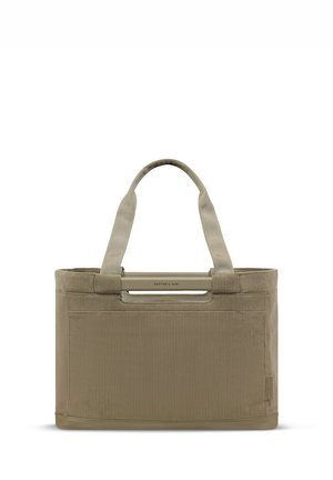 Beige rechteckige Tragetasche mit zwei Stoffgriffen und einem horizontalen Kunststoffgriff mit der Aufschrift "KAPTEN & SON" auf weißem Hintergrund.