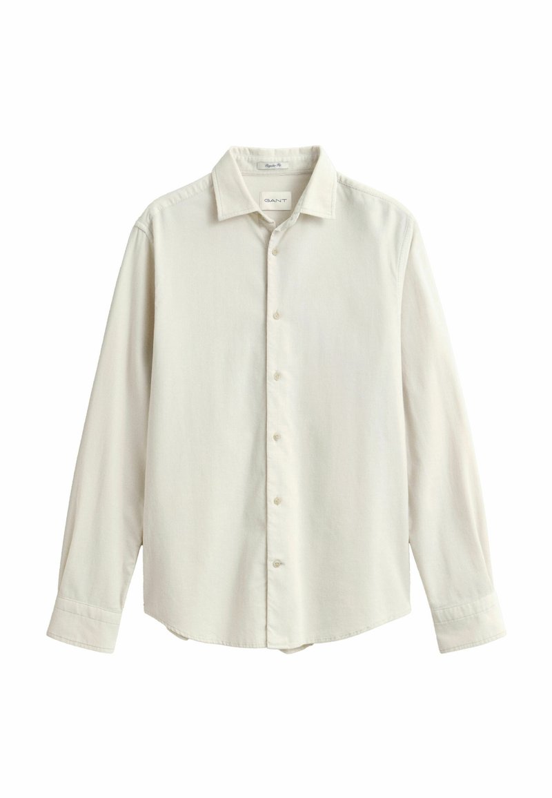 Long-sleeve, button-up beige shirt with collar and cuffs, displayed flat against white background.