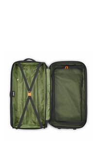 Zwarte koffer met een binnenvoering van groen patroon, verstelbare riemen en een oranje rits. Heeft dubbele compartimenten voor georganiseerde inpak.