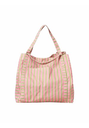 Sac en tissu rayé rose et vert avec deux anses et une poche avant, présenté sur fond blanc.