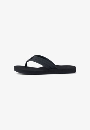 Sort flip-flop sandal med remme af gummi og en tekstureret fodseng. Har en flad sål, enkelt design og minimalistiske detaljer.