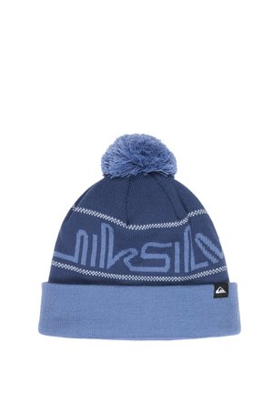 Bonnet d'hiver en maille bleu avec bordure bleu clair et pompon, présentant un motif stylisé du nom de la marque au centre.
