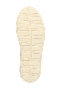 Semelle de chaussure en caoutchouc blanc avec un motif de grip texturé, comportant des rainures horizontales et verticales pour une meilleure adhérence. Détail du logo estampé.