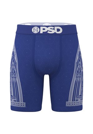 Blue boxer briefs with white architectural line art on sides and a navy waistband featuring a white "PSD" logo.
