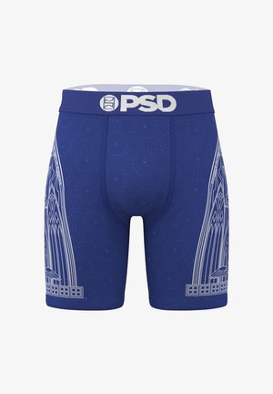 Blaue Boxershorts mit weißer architektonischer Linienzeichnung an den Seiten und einem marineblauen Bund mit weißem "PSD"-Logo.