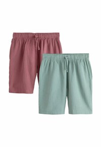 Deux paires de shorts décontractés texturés avec des tailles élastiques et des cordons de serrage à l'avant, l'une en rose poussiéreux et l'autre en teal clair.