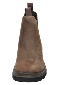 Botte cheville en cuir marron avec une texture lisse, panneaux latéraux élastiques et une semelle en caoutchouc noire pour une bonne adhérence. Design minimaliste avec un bout arrondi.