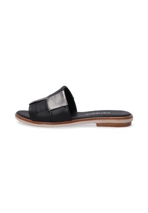Black slide sandal featuring a metallic silver accent, smooth leather upper, flat sole, and a cushioned footbed for comfort.