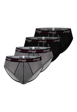 Vier Herrenslips, zwei in solidem Schwarz und zwei mit schwarz-weiß vertikalen Streifen, alle mit schwarzem Bund, der den Schriftzug "sloggi" trägt.