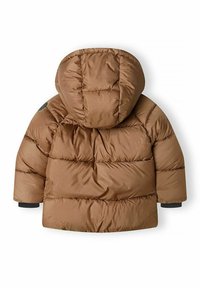 Giacca imbottita marrone con cappuccio, caratterizzata da sezioni a righe orizzontali, polsini elasticizzati e una texture morbida e lucida.
