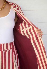 Blazer rayé rouge et crème avec un short assorti. Le blazer possède une poche intérieure unique et une texture de tissu lisse.